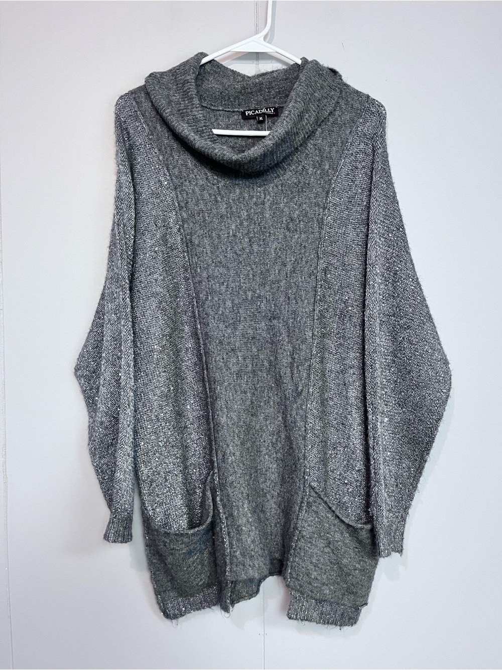 Picadilly Canada XL Grey Cowl Neck Knit Cardigan Open Front Pockets Sparkle